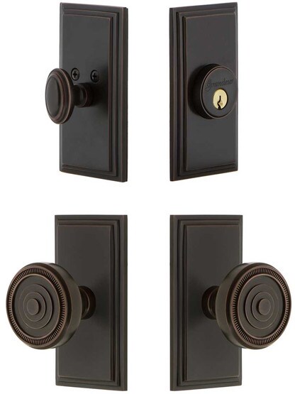 Grandeur Carre Entry Door Set, Keyed Alike with Soleil Knobs in Timeless Bronze.